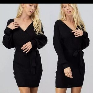 Elegant Black Wrap Knit Dress